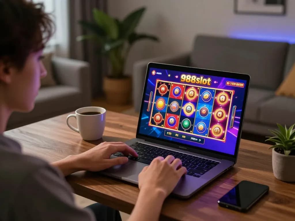 Engaging in 988slot online gaming experience with colorful graphics on laptop in cozy home.