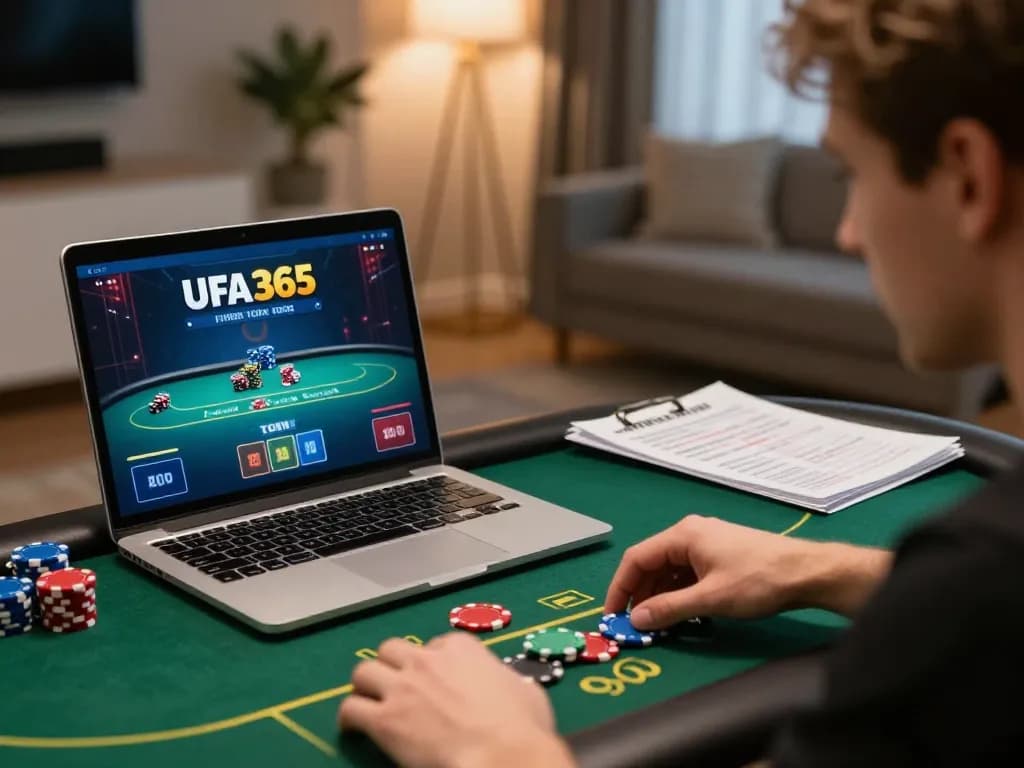 Player enjoying live dealer poker on UFA365 in a cozy home setting.