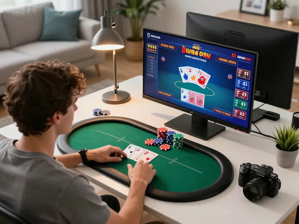Player engaging in online poker at home using a tablet, featuring 7-hd content.