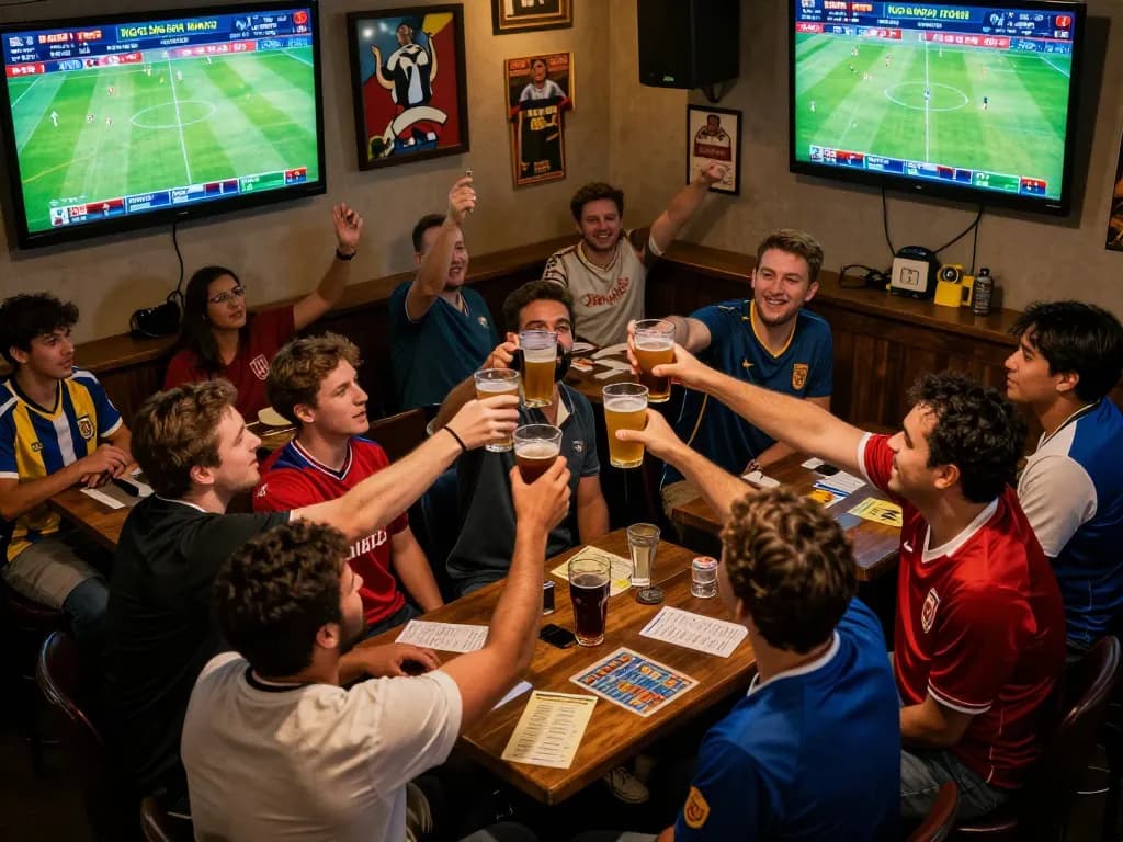 Engaged sports bettors analyzing kèo bóng đá hôm nay with excitement during live matches at a sports bar.