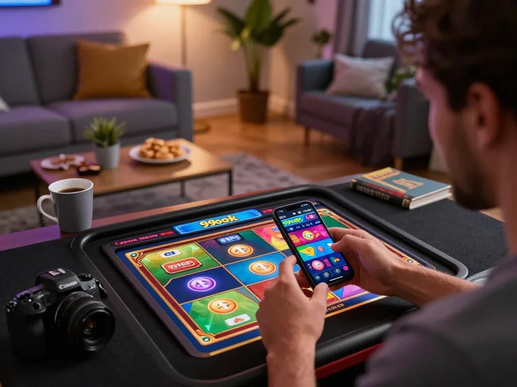 Player engaging with 99ok app in stylish home setting, showcasing online casino atmosphere.