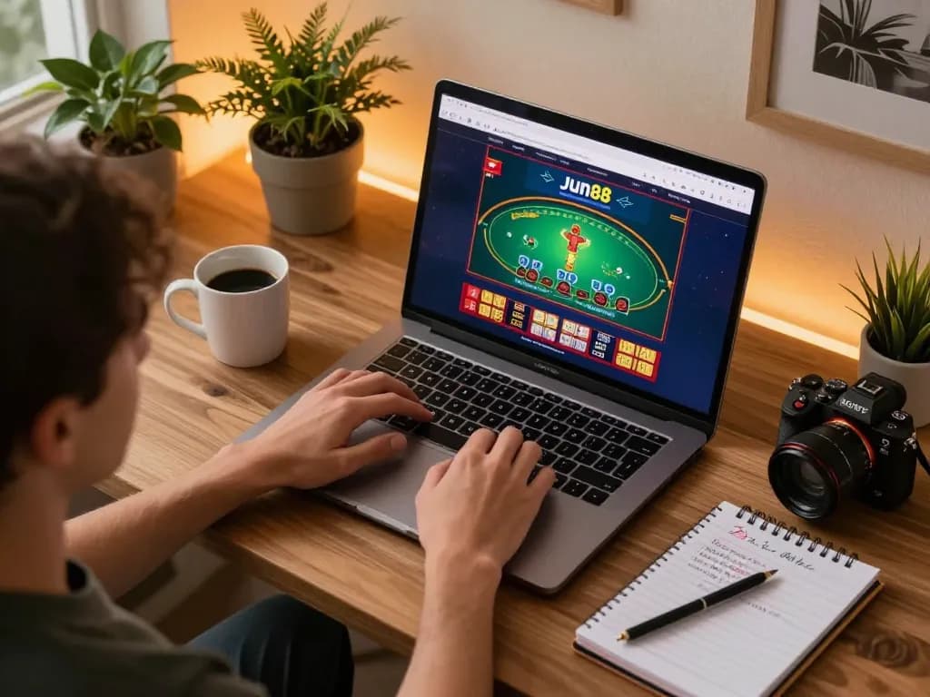 Player engaging in Jun88 online casino game on a laptop, showcasing strategic gameplay.