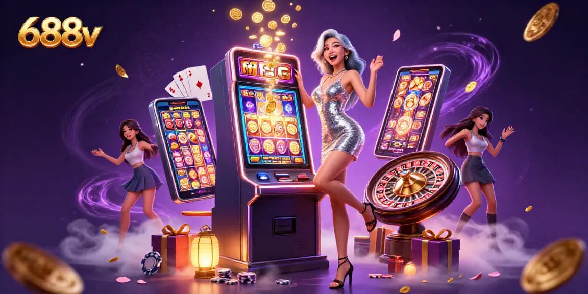 A playful Asian woman wins at 688v casino, celebrating a jackpot with coins and gaming elements.