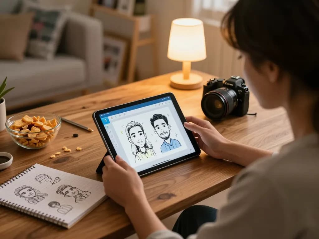 Creating a caricature in a relaxed environment using a tablet for unique artwork.