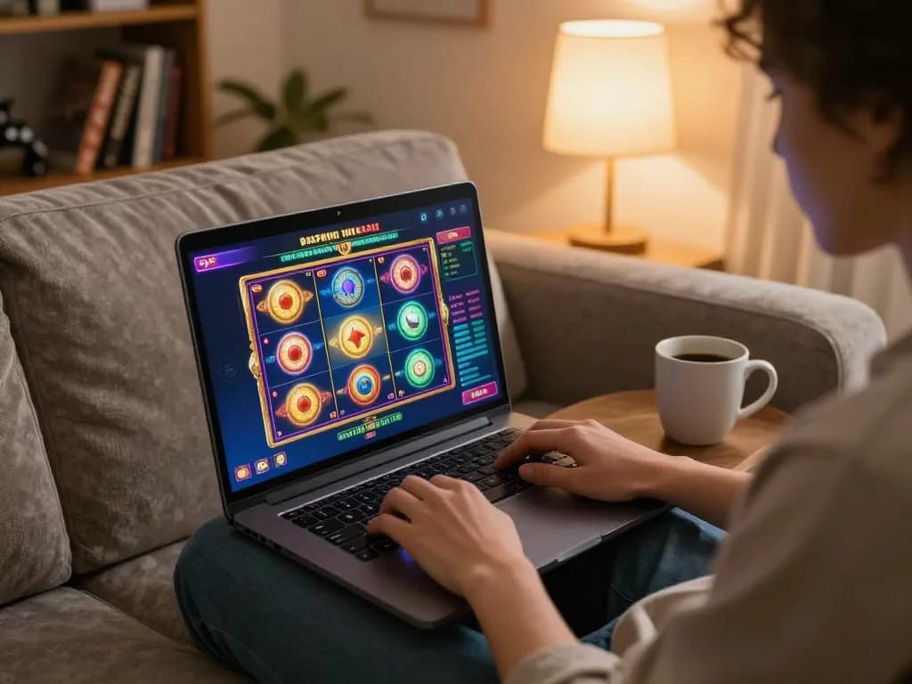 Engaging gameplay on LGOLUX slot game interface, creating excitement in a cozy home setting