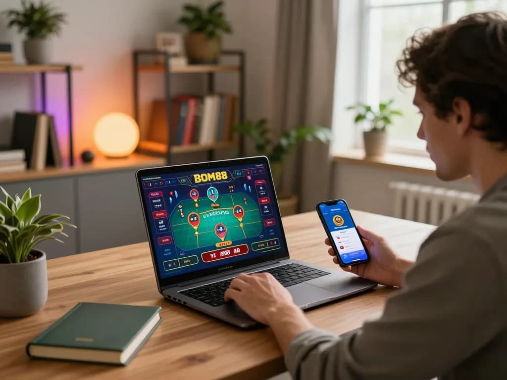 Sesi permainan online BOM88 dengan laptop dan smartphone di pengaturan kantor rumah yang nyaman