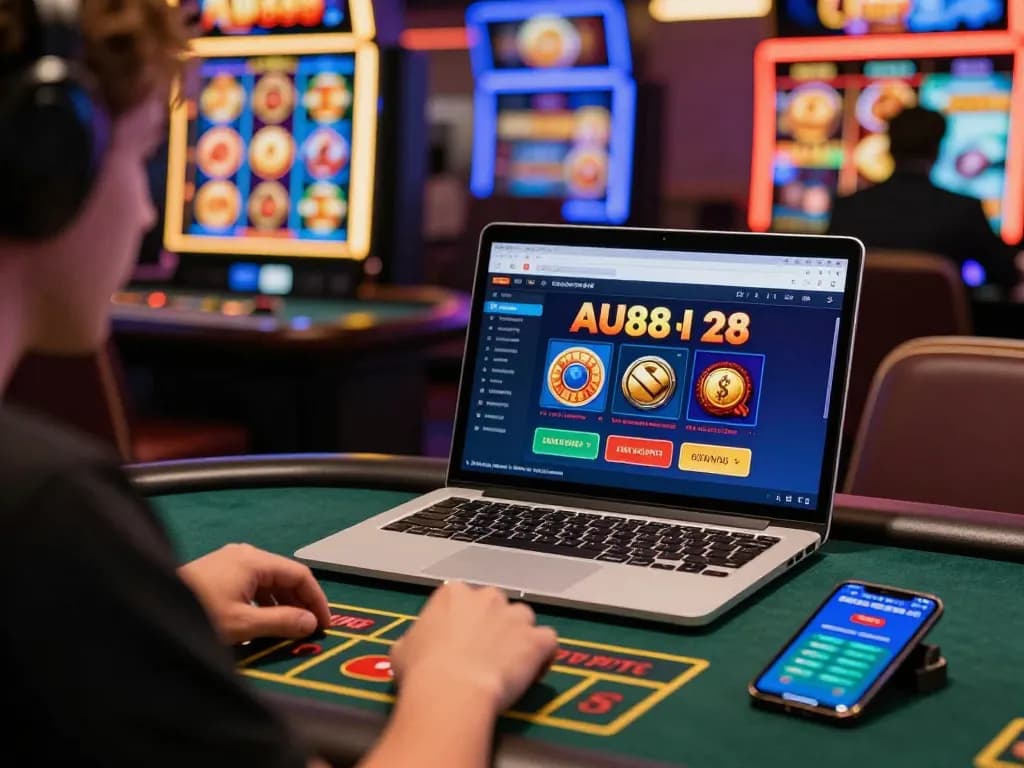 Player enjoying AU88 online gaming with vibrant graphics and smartphone, showcasing an engaging casino experience.
