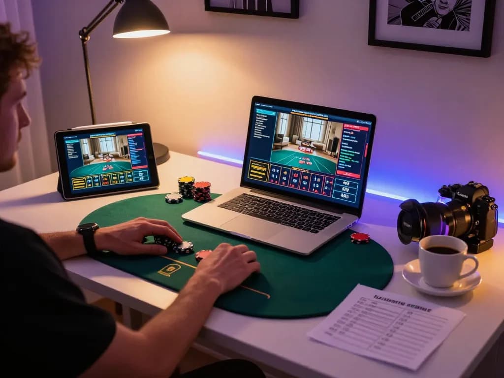 Engage with online poker strategies at UU88 with a dynamic home gaming setup showcasing immersive gameplay.