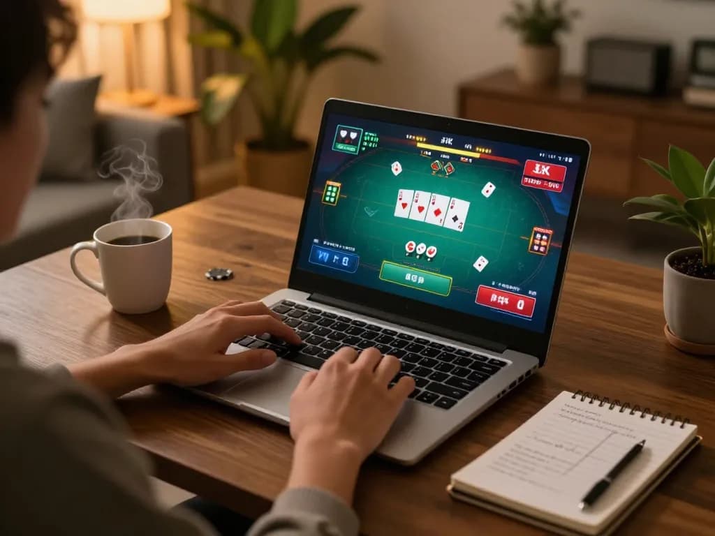 Engaged player strategizing on poker gameplay using sunwin platform at home.