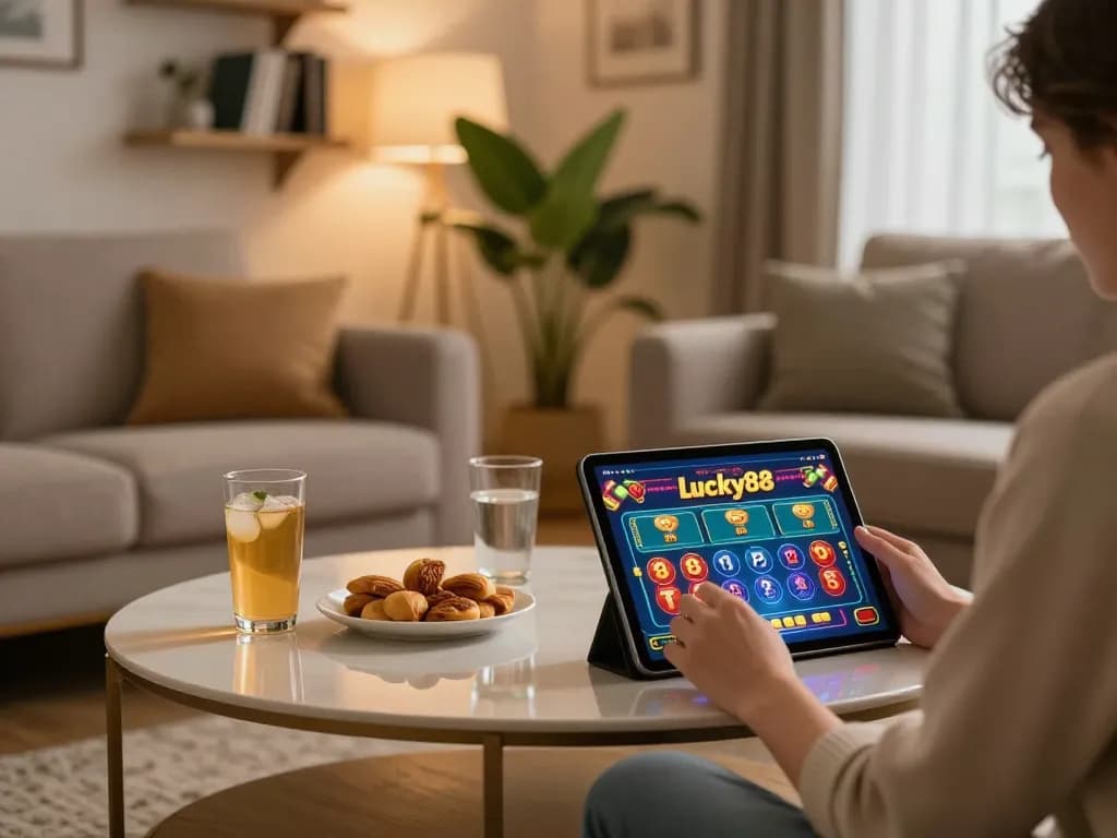 Engaging with the lucky88 online casino game on a tablet, displaying vibrant graphics.