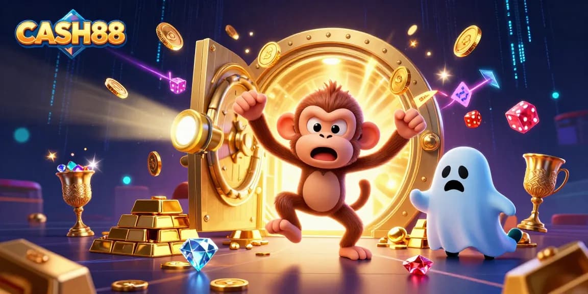 Experience the excitement of CASH88 with a playful ghost monkey and a puppy in a vibrant casino scene.