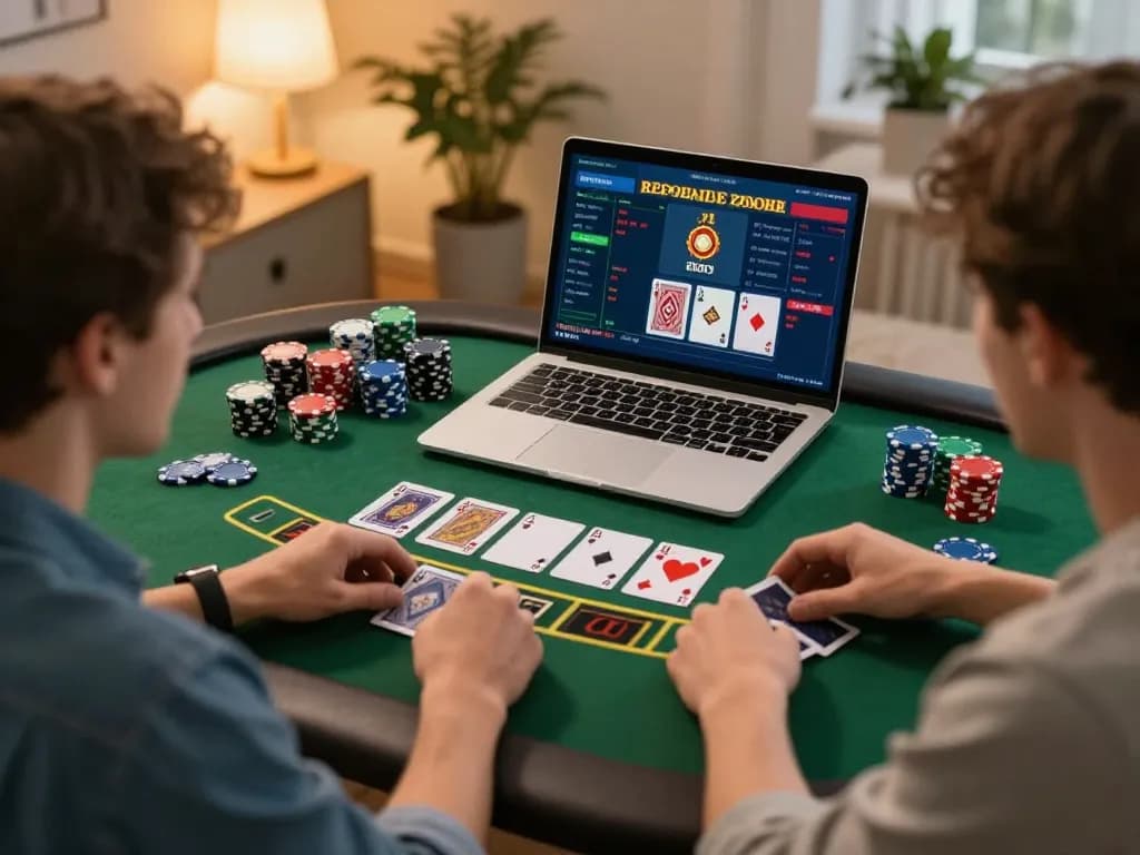 Pemain terlibat dalam blackjack online di rumah, menampilkan antarmuka permainan Planet77 dengan strategi yang fokus.