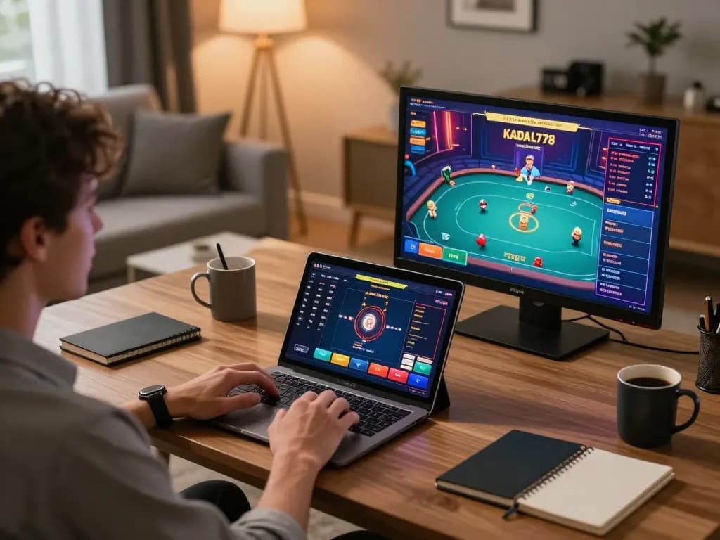 KADAL778 player enjoying online gaming experience with tablet and laptop in a cozy setup.