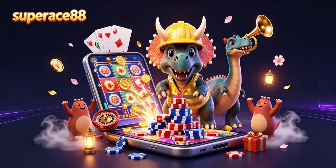 Engage with superace88 through an enchanting 3D scene featuring playful characters and vibrant casino elements.