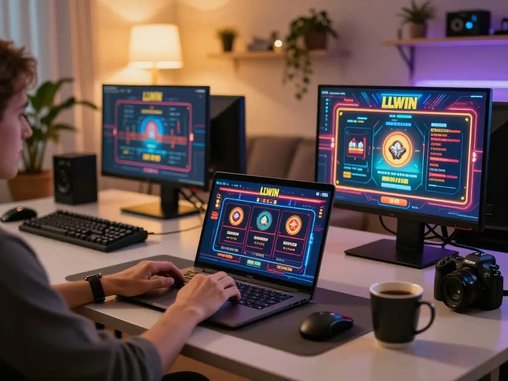 Engaging gaming moment on LLWIN with a player using a laptop in a cozy setup, highlighting online casino excitement.