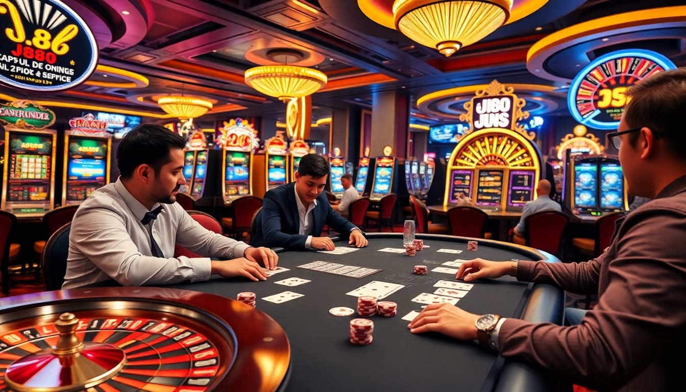Players enjoy high-stakes poker at a luxurious casino table, highlighting j88's vibrant gaming atmosphere.