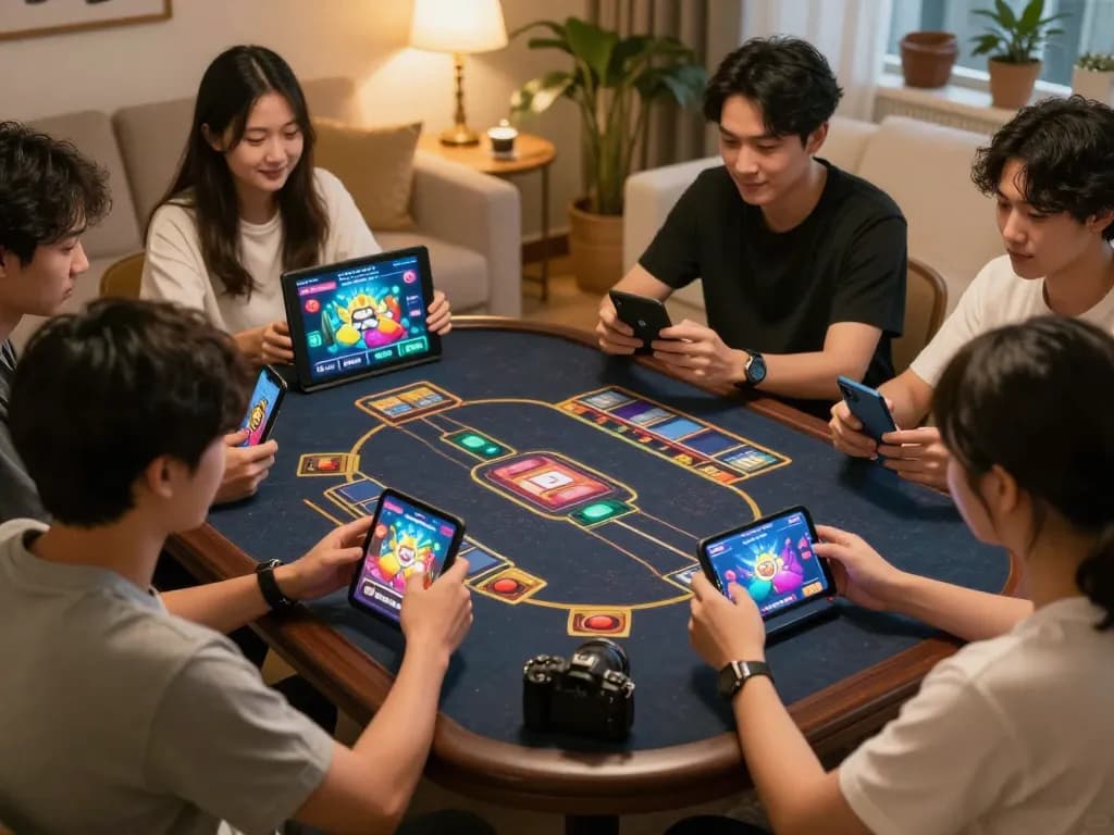Xóc đĩa gameplay on mobile devices in a cozy home setting, players engaged in the action