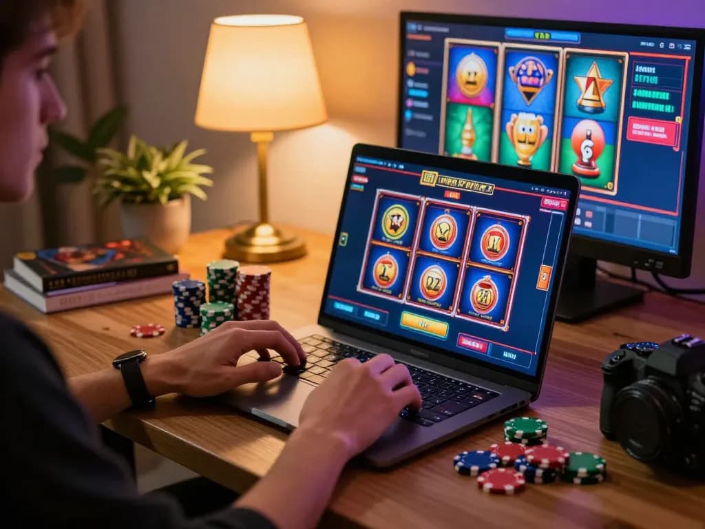 Nohu90 player enjoying vibrant online casino gameplay on a laptop, showcasing responsible gaming.