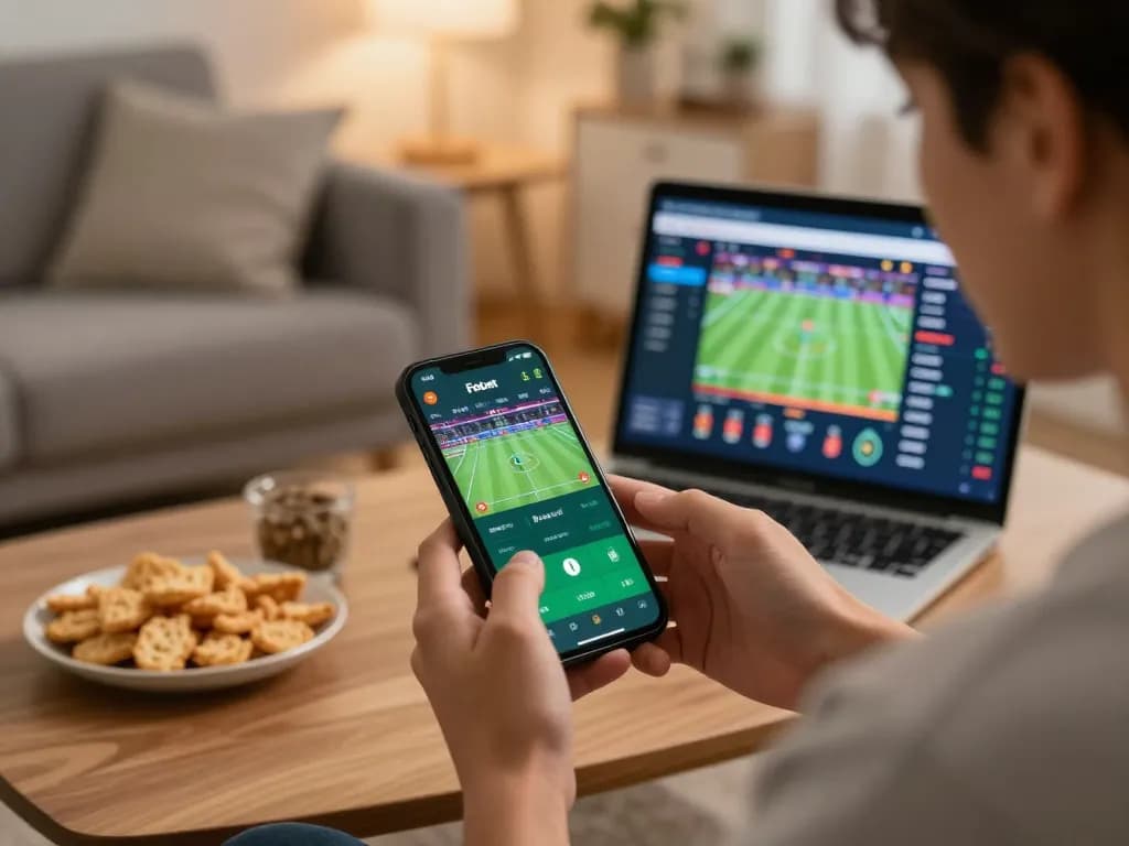 Engaging mobile sports betting scene with Fabet app in use, highlighting strategic betting.