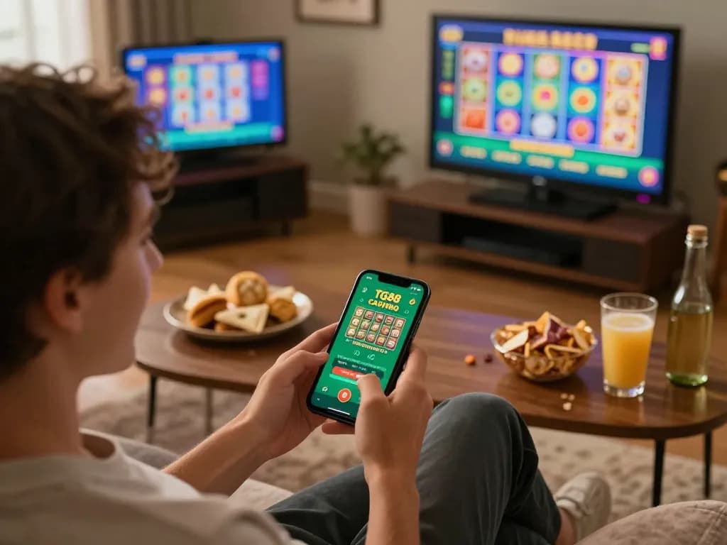 TG88 user strategizing and enjoying online gaming experience on mobile device in a cozy setting.
