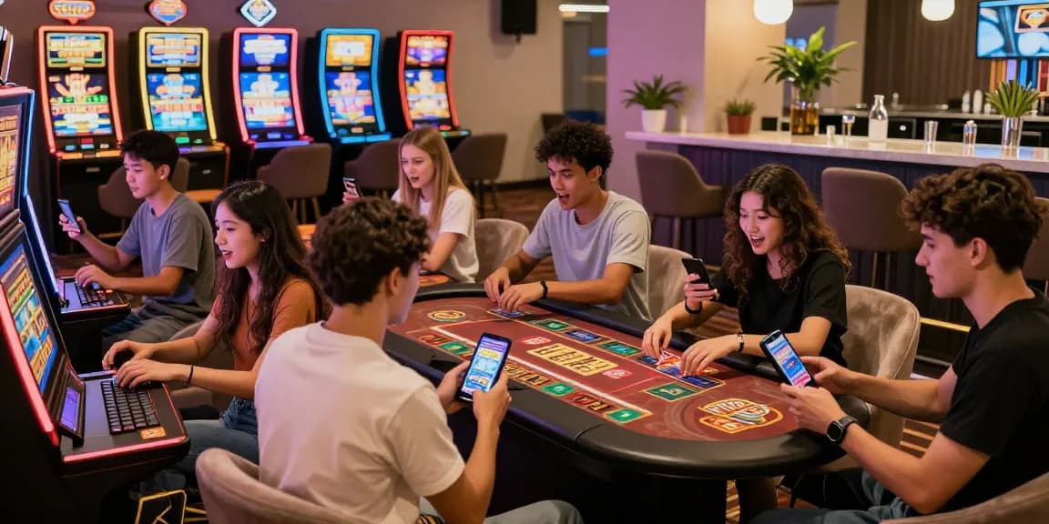 Exciting scene of friends enjoying apk download slots games in a social lounge.