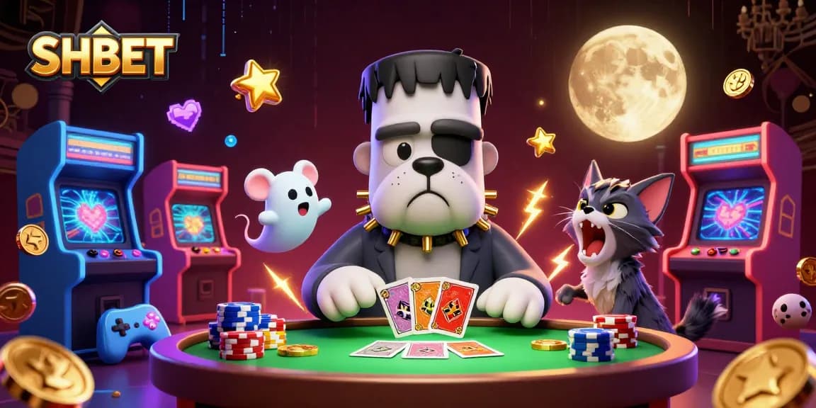 SHBET features a vibrant 3D casino scene with a bulldog dealer and a ghost mouse amidst glowing arcade machines.