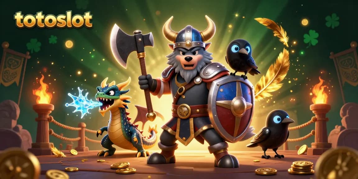Totoslot offers thrilling gaming experiences amidst a vivid Viking and dragon scene.