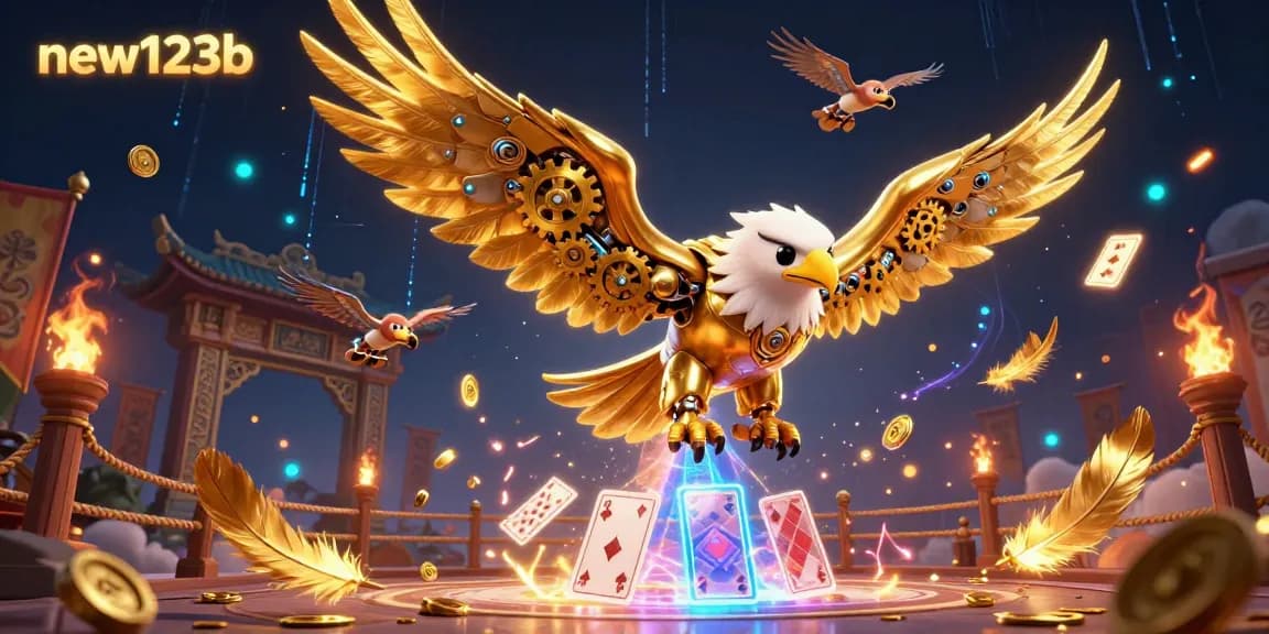 Experience thrilling action at new123b with a 3D cybernetic golden eagle diving through holographic cards in a casino-style illustration.