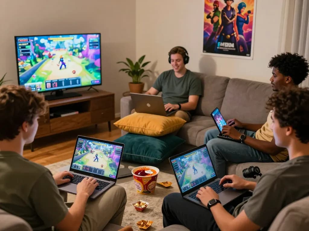 Players enjoying a porngame in a cozy living room with devices and snacks.