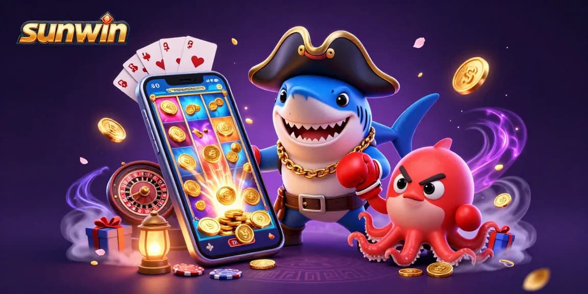 Play thrilling casino games at Sunwin with an exciting 3D gaming illustration featuring vibrant characters.