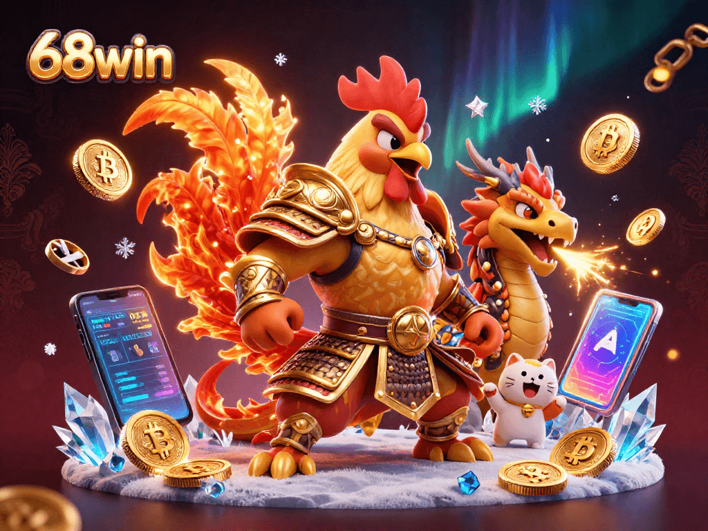 Experience the thrills at 68win with exciting gaming action surrounded by crypto-themed elements.