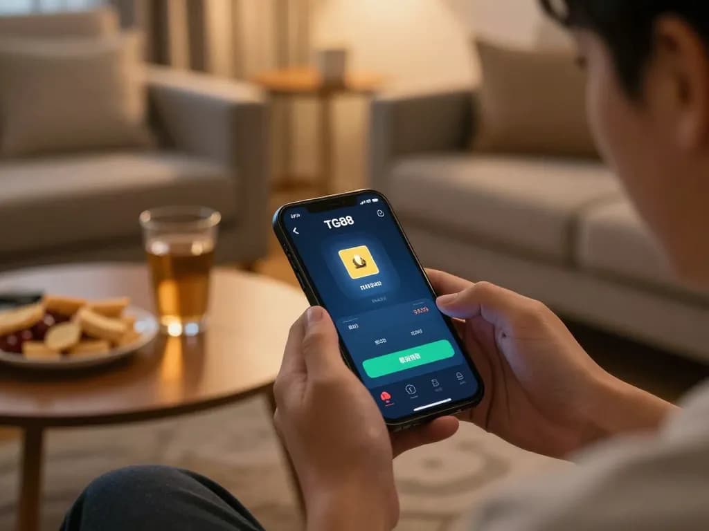 Tg88 đăng nhập on smartphone during lively gaming session in a cozy living room