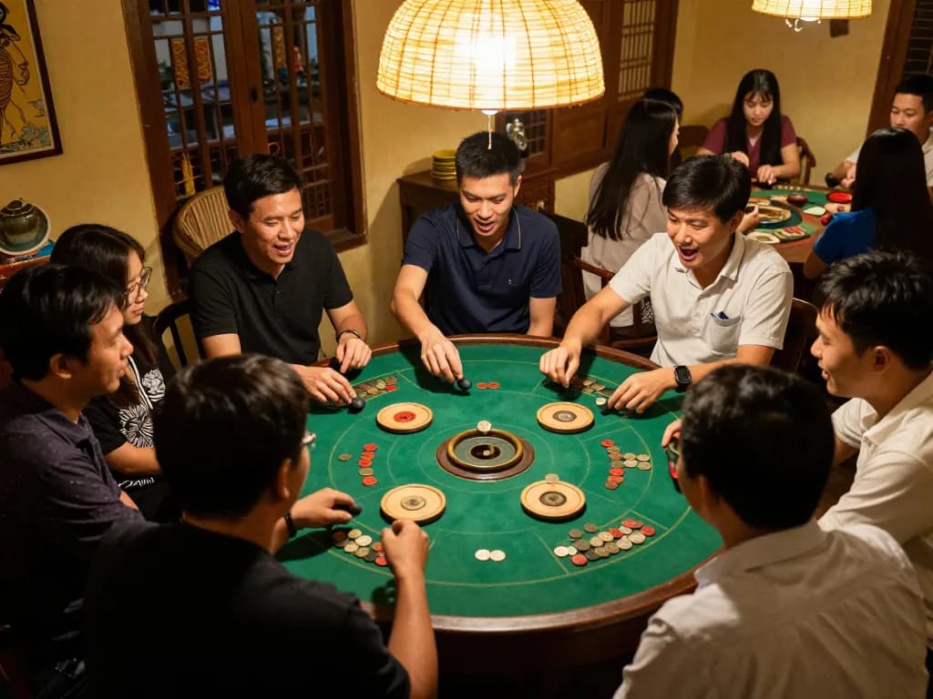 Xóc đĩa game in a lively home setting, players engaged in an exciting round around the table.