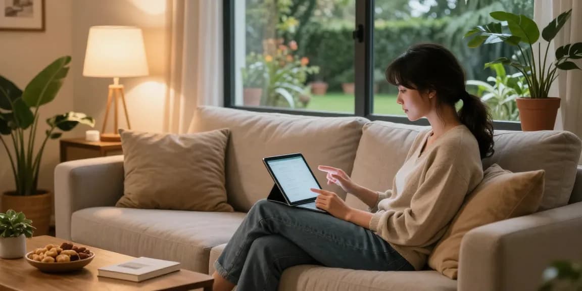 Engaging with an AI girlfriend in a cozy home setting, highlighting emotional connection and technology.