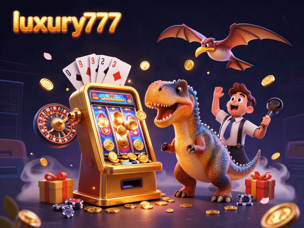 luxury777 membayar jackpot dengan slot mesin emas dan dinosaurus kartun dalam kasino.