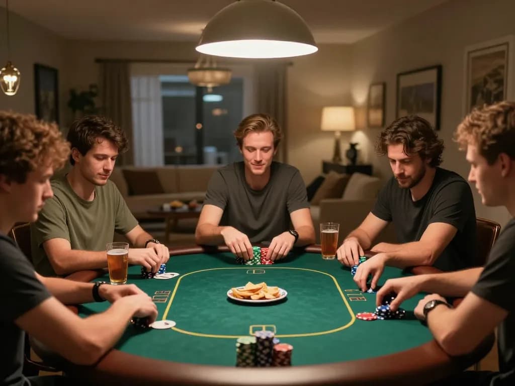 Engaging poker night at home, players enjoying Texas Hold'em, emphasizing lc88 atmosphere of strategic gameplay and social interaction.
