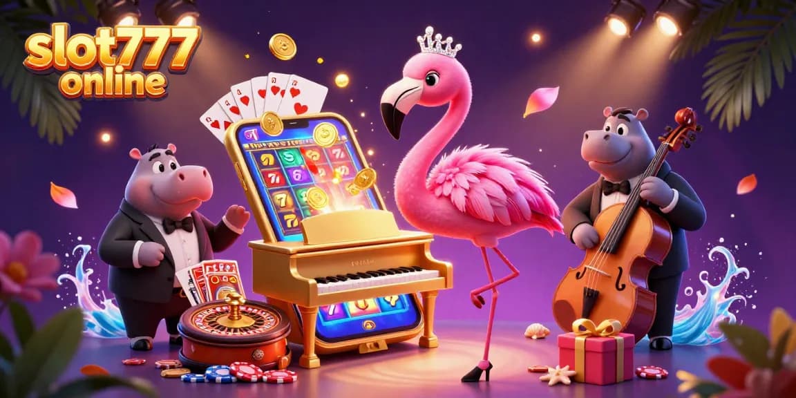 Win big with slot777 online in this vibrant casino scene featuring lively characters.