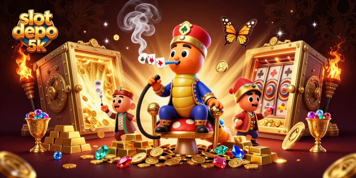 Engage with slot depo 5k through a vibrant 3D casino scene showcasing dynamic characters and rich treasures.