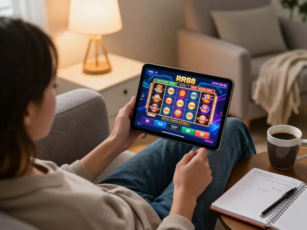 Engaging with RR88 online casino on a tablet, creating an inviting home gaming atmosphere