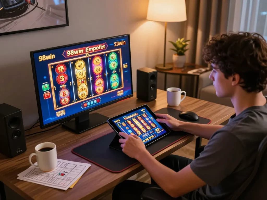 Play thrilling slot games at 98win using a stylish tablet in a cozy home setup.