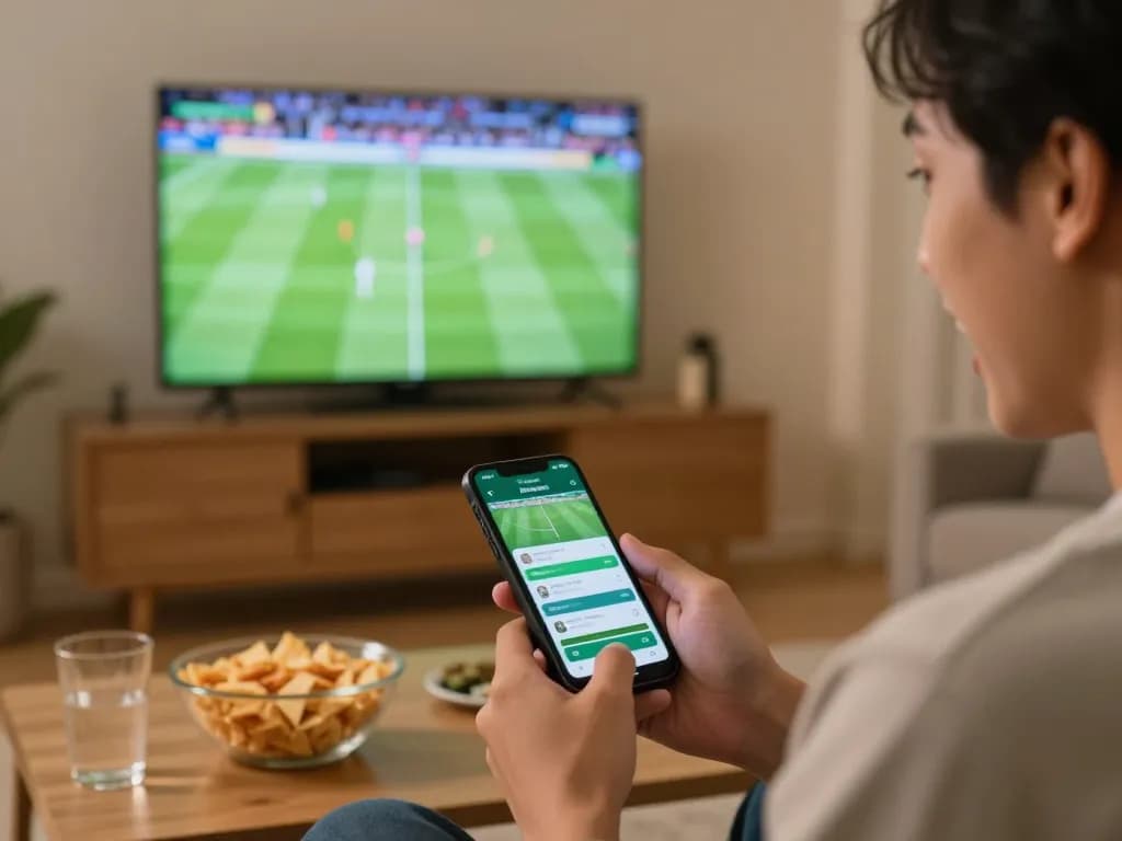 Engaging in sports betting using a mobile app while watching a live match, showcasing trang cá cược bóng đá excitement.
