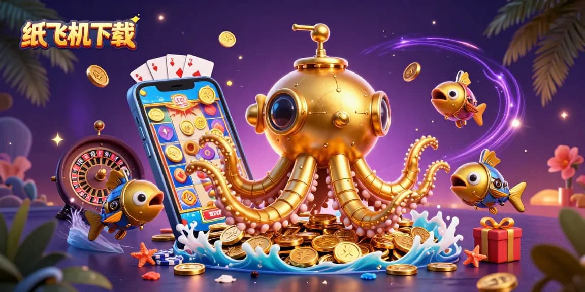 Experience thrilling gameplay with 纸飞机下载 in an ultra-detailed casino illustration featuring golden kraken and slot games.
