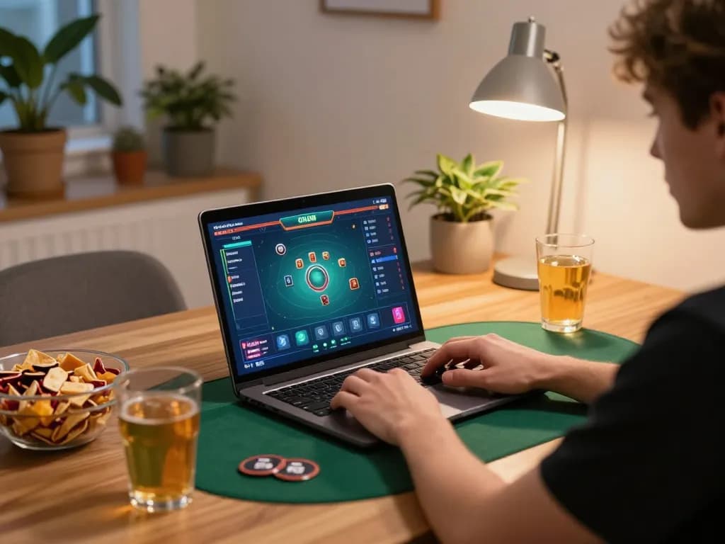 Player engaging in online poker at home, utilizing 789bet for strategic gameplay in a cozy setup.