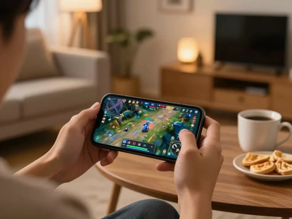 Player enjoying game go88 on smartphone at home, cozy atmosphere with snacks and drinks