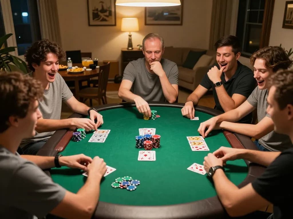 KÈO TRỰC TUYẾN poker night with friends, playing cards and vibrant chips around a green felt table.
