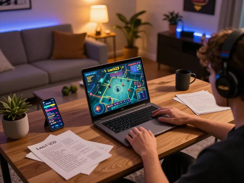 Leci123 player focused on game strategy at home, using laptop in a cozy gaming setup.