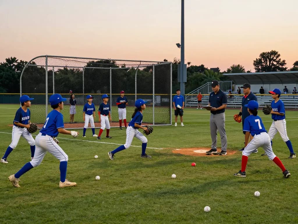 Hitclub youth baseball training session with young athletes practicing under a vibrant sunset.
