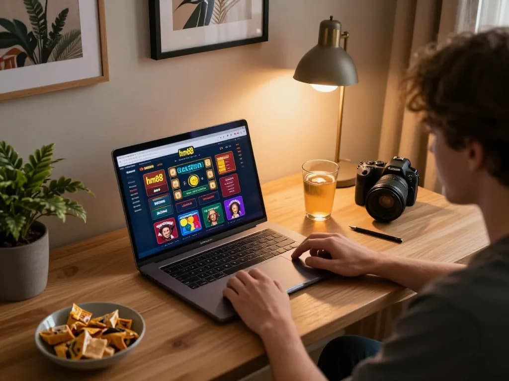 Engaging online gaming session with hm88 interface on laptop and cozy home decor