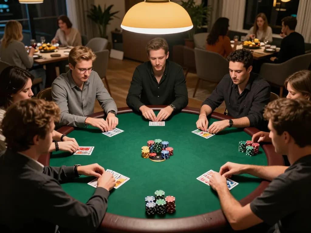 UU88 poker game in a cozy home setting showcasing players strategizing bets with chips.