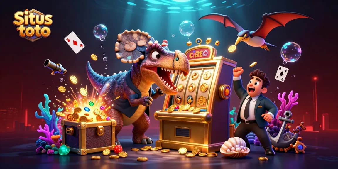 Situs toto players enjoying a thrilling jackpot moment with a 3D cartoon dinosaur at the casino.